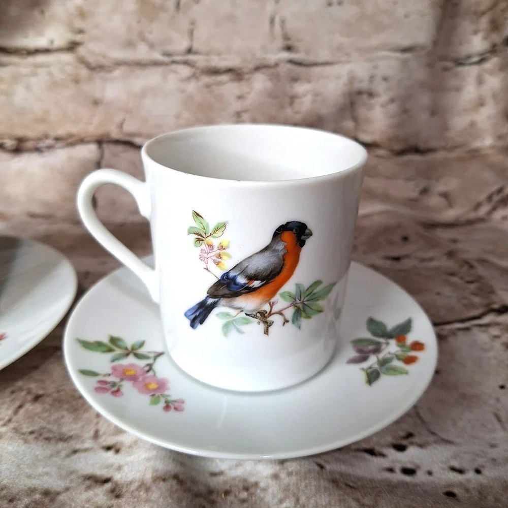 Pair of‎ Vintage Discontinued 80's Mottahedeh 8502 Aviary Pattern Cups & Saucers